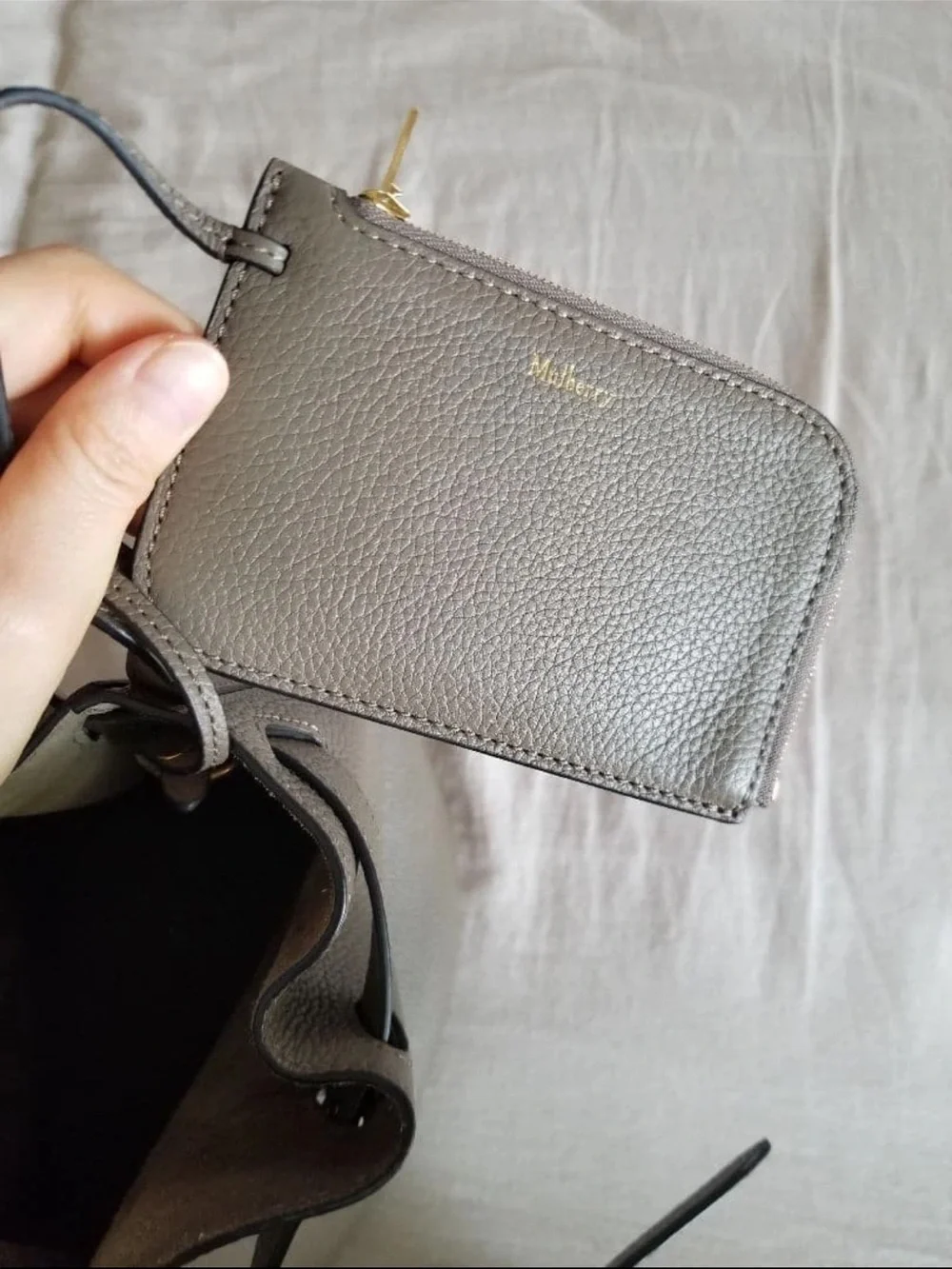 Mulberry Pebbled Leather Drawstring Bucket Bag in Taupe